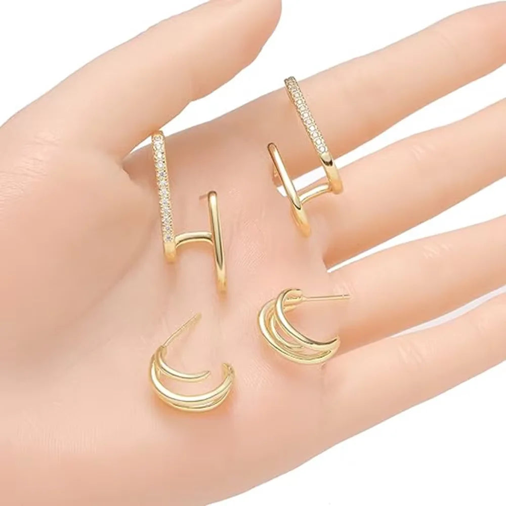 ZF 6-Pair Copper Gold Zircon Piercing Claw Stud Earrings Fashionable Versatile Elegant Party Office Women Jewelry Accessories
