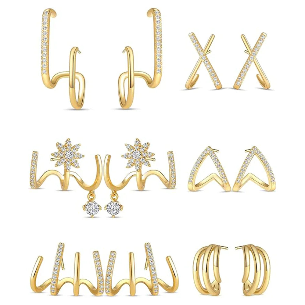 ZF 6-Pair Copper Gold Zircon Piercing Claw Stud Earrings Fashionable Versatile Elegant Party Office Women Jewelry Accessories