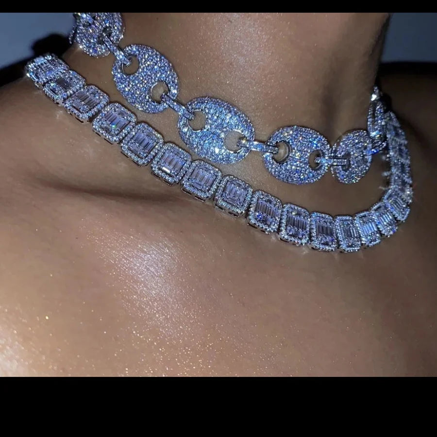 Silver Gold Plated Iced Out Bling Full Cz Paved Link Chain Choker Necklace Heavy Rock Punk Women Jewelry