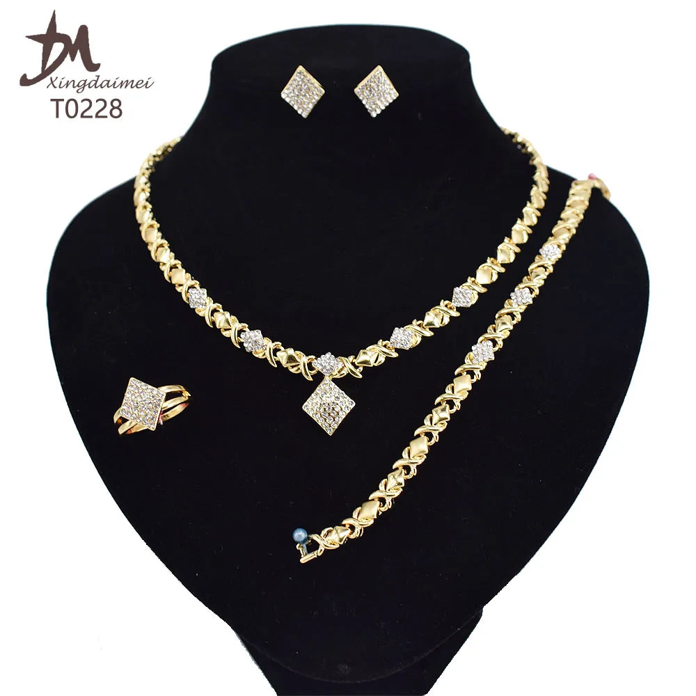 T0228 Plated Bracelet Women Gold Kiss Set 18K Necklace Earrings Pedant Heart Ring Xoxo Necklace Set Jewelry