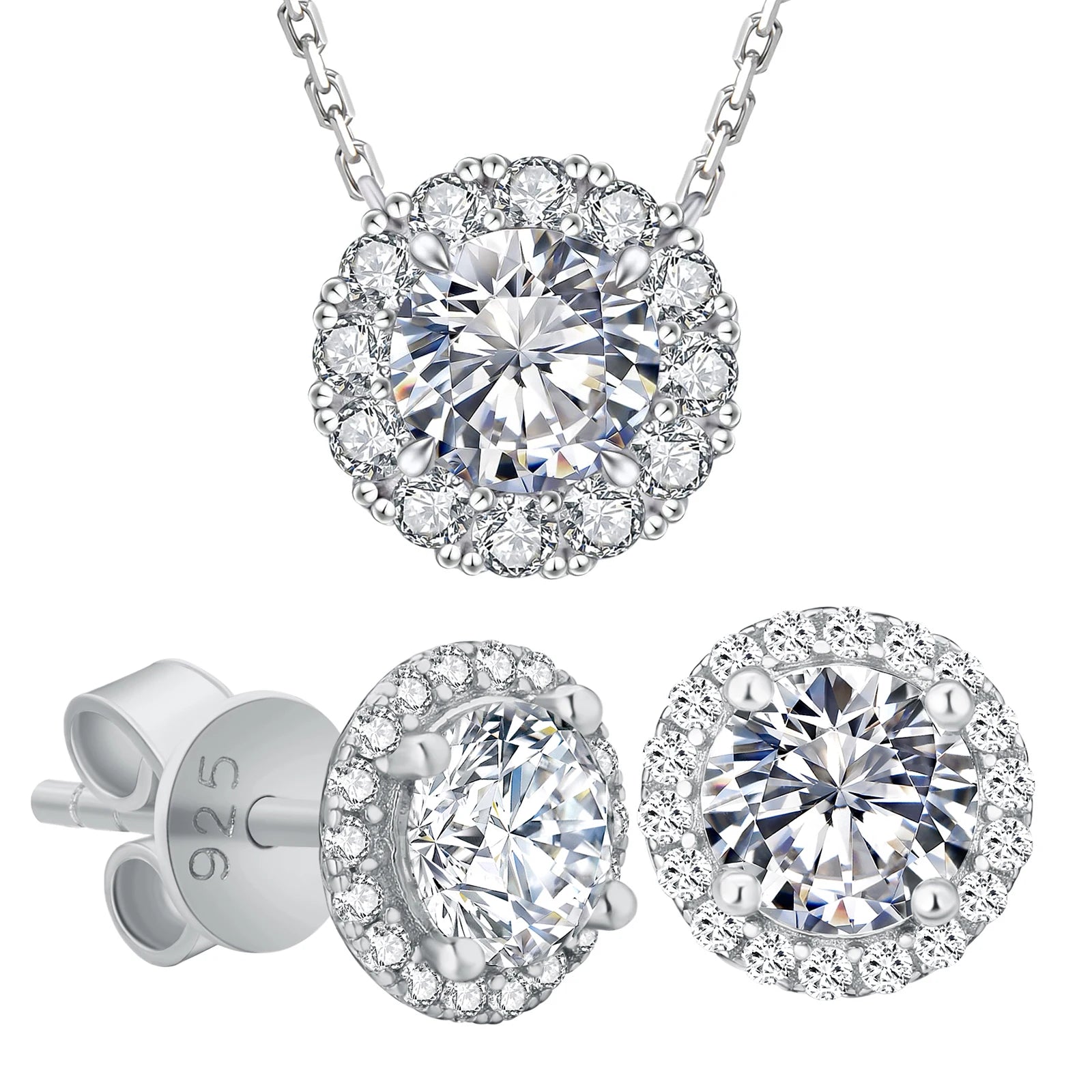 VVS Moissanite Set 14K Gold Plated Stud Earring 925 Sterling Silver 1ct GRA Mossanite Halo Pendant Necklace Women Jewelry Set