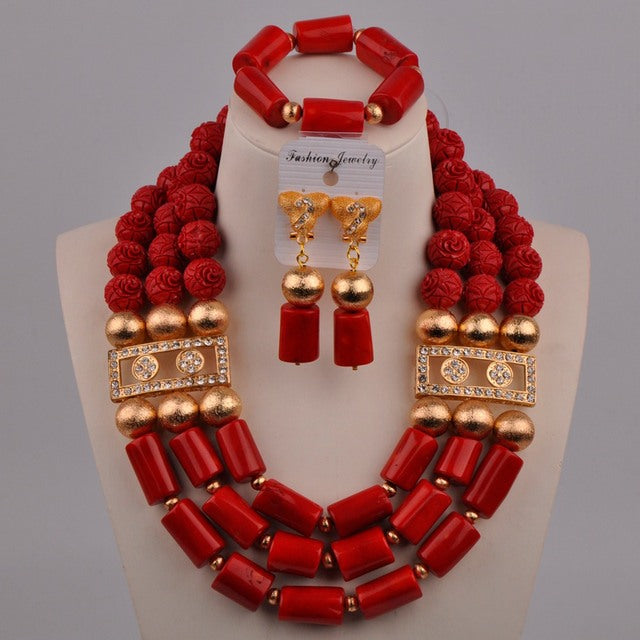 Red African Coral Beads Jewelry Set Nigerian Wedding Necklace Set  white-gold 20inches : Amazon.ca: Clothing, Shoes & Accessories